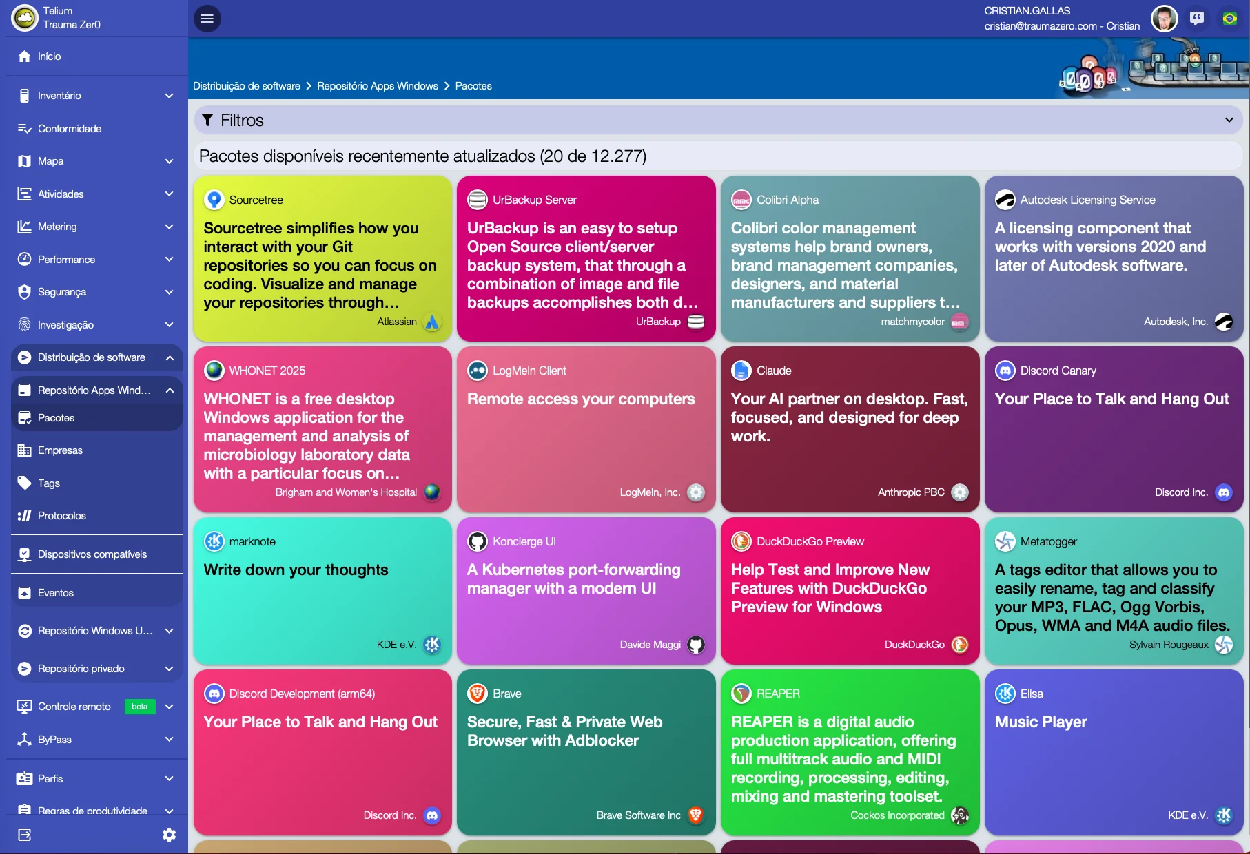 Pantalla de paquetes de Tz0 Deploy, con el repositorio de 12.277 aplicaciones Windows listas para distribuir