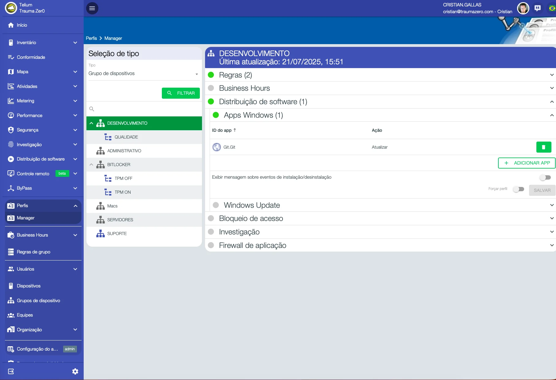 Pantalla de perfiles de Tz0 Deploy, con la política del grupo Desarrollo: reglas, distribución de software, Windows Update, bloqueo de acceso y firewall