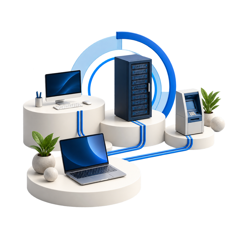 Desktop, laptop, server and self-service terminal connected to the same point