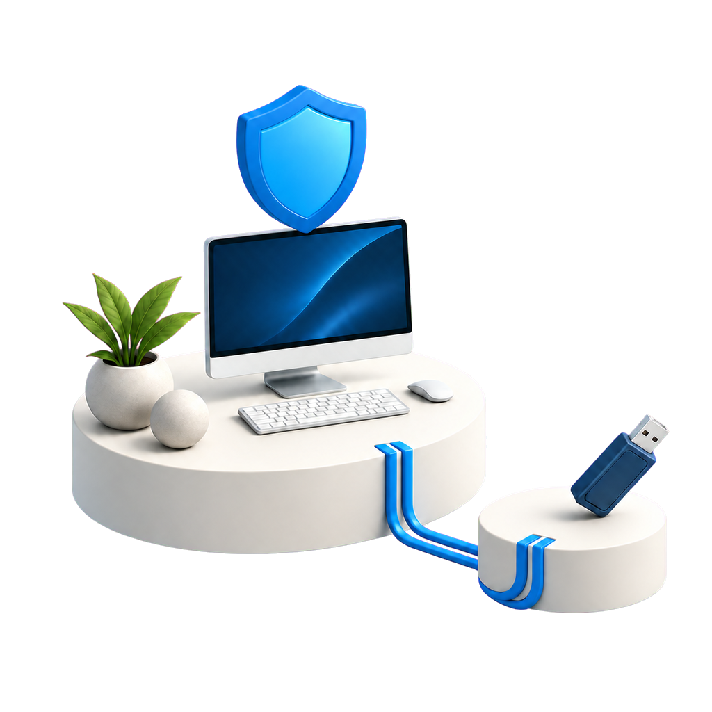 Estação de trabalho com escudo azul acima e um pendrive isolado em pedestal separado