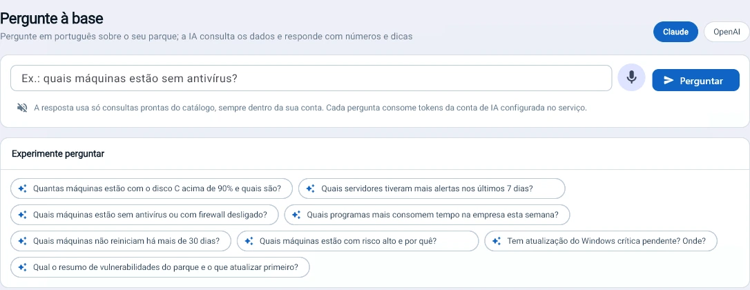 Captura do console Tz0: Pergunte em português: quais máquinas estão sem antivírus, o que atualizar primeiro